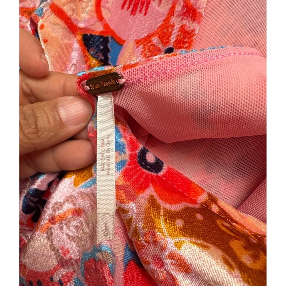 Free People Floral Velvet Mock Neck Open Back Mini Dress Pink Orange Blue Small